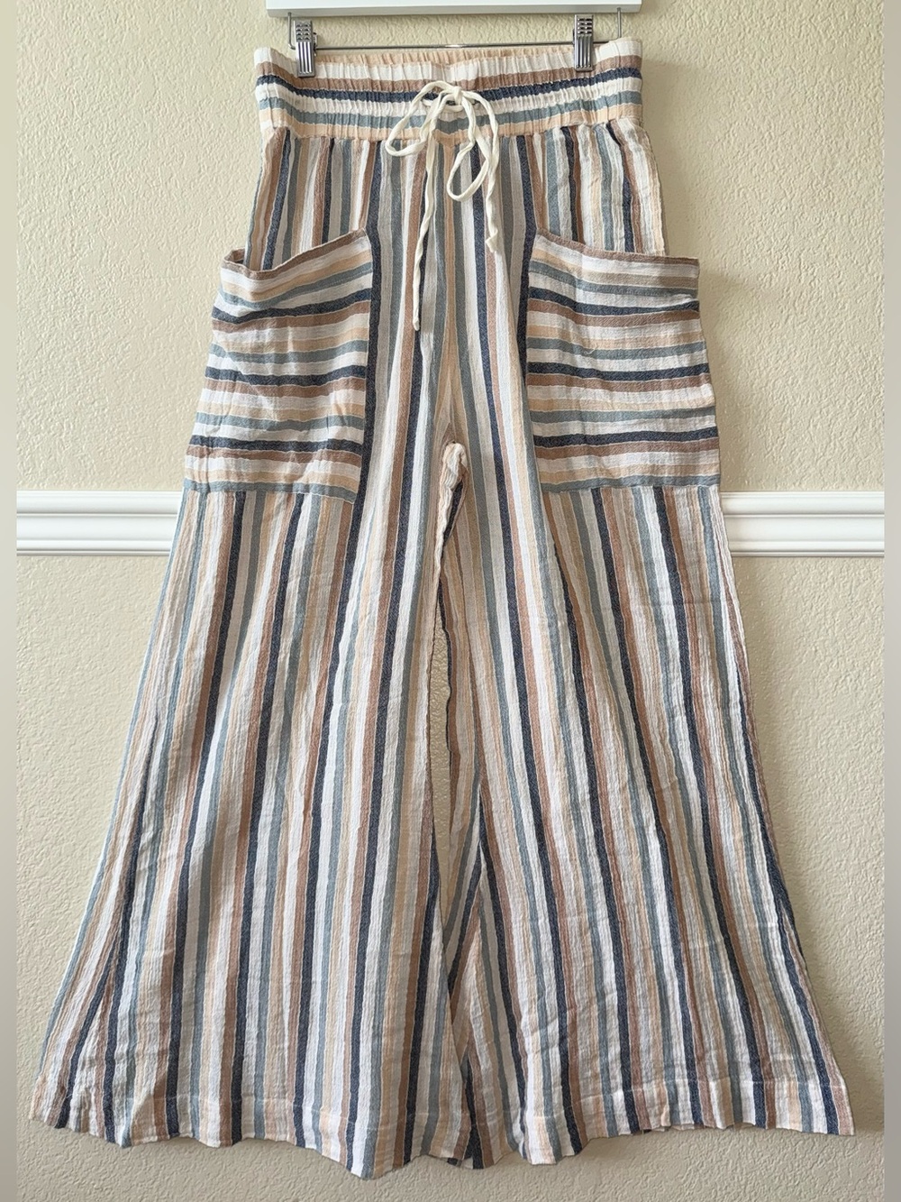 Free People 100% Cotton Jones Beach Wide Leg Pants Lightweight Striped M